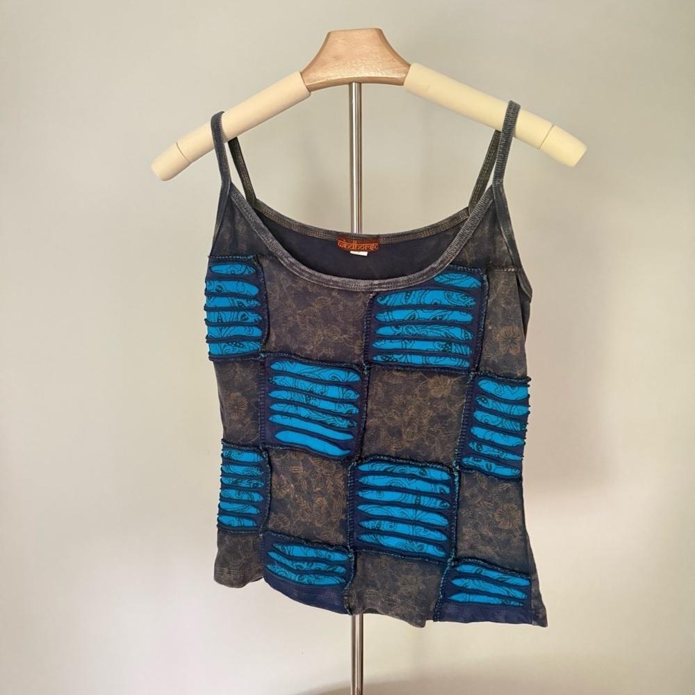 Windhorse Womens Boho Patchwork Cotton Tank Blue Gray Sleeveless M Hippie Y2K - Picture 2 of 7